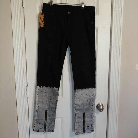 DSDZ Other - DSDZ Black & Silver Streetwear Punk Distressed Jeans Zippered Hems 34x31 NWT